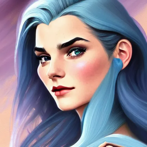 Image similar to A combination of Grace Kelly's and Emma Watson's and Victoria Justice's faces with blue hair as She-Ra, western, D&D, fantasy, intricate, elegant, highly detailed, digital painting, artstation, concept art, matte, sharp focus, illustration, art by Artgerm and Greg Rutkowski and Alphonse Mucha