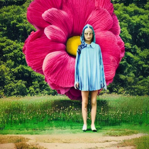 Image similar to giant flower head, full body, girl standing by 1 9 6 0 house, surreal photography, symmetry, mid century, flat light, bright colours, blue sky, realistic, wes anderson