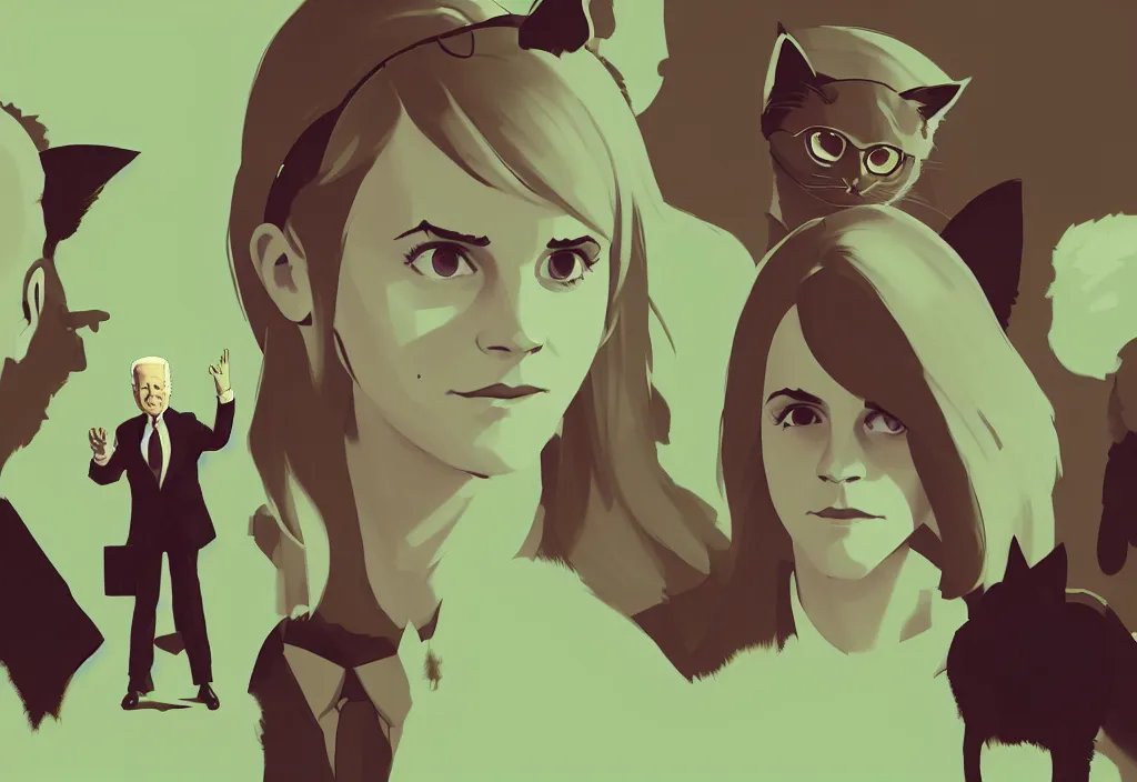 Image similar to joe biden and emma watson with cat ears, epic debates, presidental elections candidates, cnn, fox news, fantasy, by atey ghailan, by greg rutkowski, by greg tocchini, by james gilleard, by joe gb fenton, dynamic lighting, gradient light green, brown, blonde cream, salad and white colors in scheme, grunge aesthetic