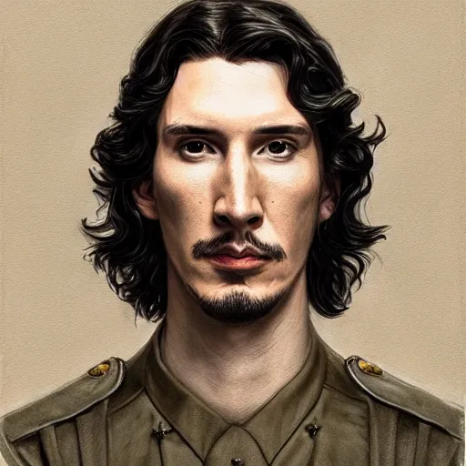 Image similar to portrait of stoic king adam driver beautiful queen john oliver, full body, military uniform, fantasy, intricate, elegant, beautiful, highly detailed, charcoal, centered, dark, smokey, digital painting, artstation, concept art, smooth, sharp focus, illustration, art by artgerm and greg rutkowski and alphonse mucha