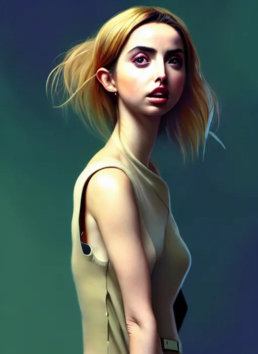 Prompt: hyper realistic zoomed out portrait of ana de armas wearing clothes from the fifth element, rachael rosen from blade runner, by hsiao ron cheng, ngai victo, nivanh chanthara jean delville wlop and dougherty patrick, trending on artstation, soft light