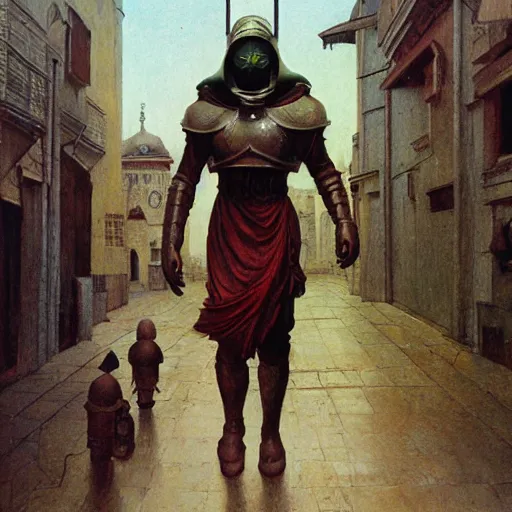 Image similar to study of masked holy crusader on the art deco streets of the byzathian empire city, award - winning realistic sci - fi concept art by beksinski, bruegel, greg rutkowski, alphonse mucha, and yoshitaka amano