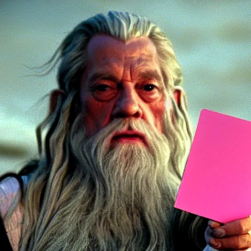 Image similar to portrait of gandalf the pink, pink bowtie in his hair, holding a blank playing card up to the camera, movie still from the lord of the rings