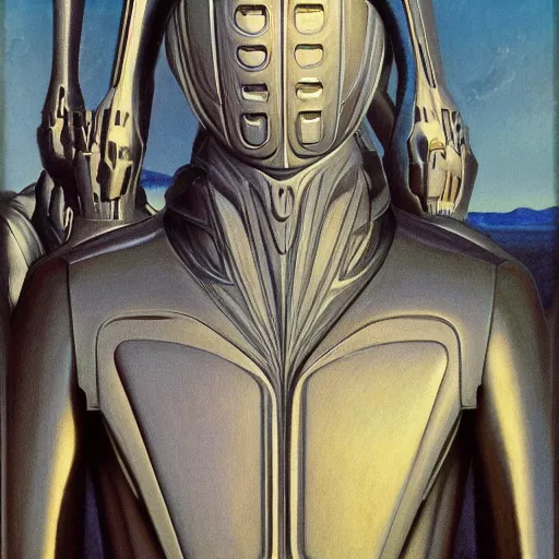 Image similar to full body portrait of beautiful gothic and futuristic fashion model, intriguing space armour, cyber armour, highly detailed, artstation, illustration, composition, 8 k quality, art by jean delville, rene magritte, hyperrealism oil painting