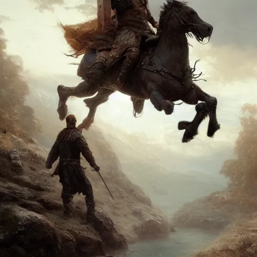 Prompt: Ragnar Lothbrok riding a horse, by Greg Rutkowski and Thomas Kinkade, trending on artstation 4k.