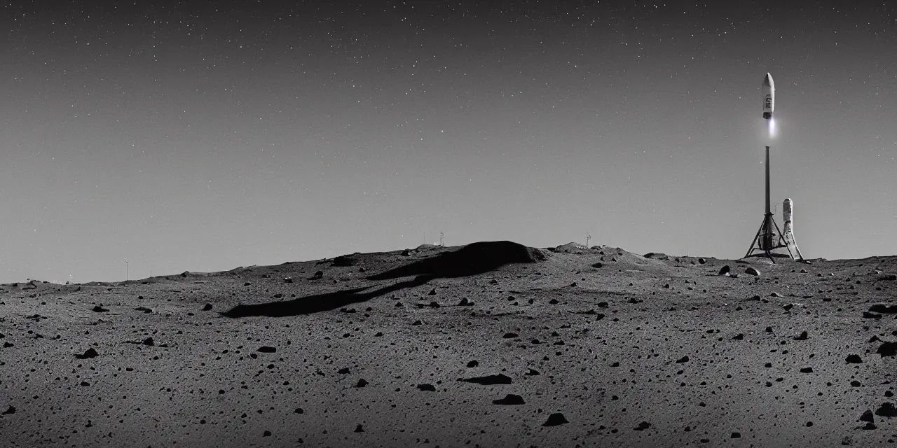 Prompt: 1 7 mm, black and white photo of a rocket landing on moon, black background with stars, cinematic film still, high contrast, astrophotography, 4 k