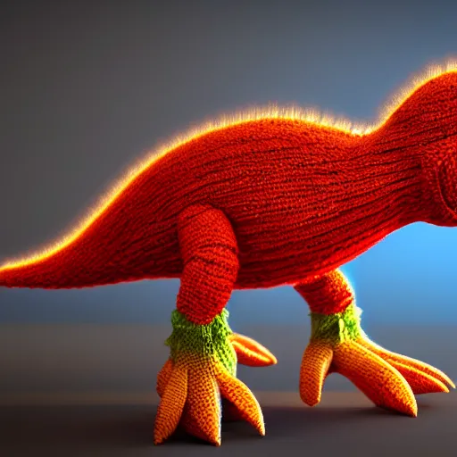 Image similar to super cute dinosaur made out of sweaters and yarn octane rendering vivid cinematic lighting 4 k