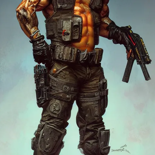 Prompt: duke nukem guy, metro exodus, battlefield, rubber, cables, mutant, front view, painted by stanley lau, painted by greg rutkowski, painted by stanley, artgerm, masterpiece, digital art, trending on arts