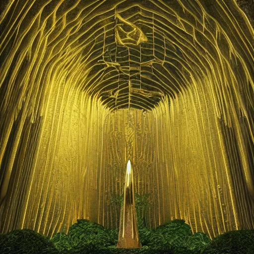 Prompt: a golden cathedral in the middle of a rain forrest, moss, moist, symmetry, octane, soft render, intricate, blender art, the golden ratio, mysticism, cinematic, concept art