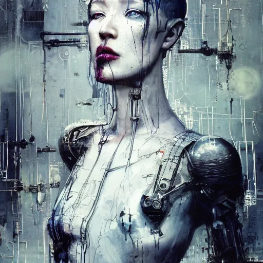 Image similar to pom klementieff as a cybernetic hunter, cyberpunk, wires, skulls, machines by emil melmoth zdzislaw belsinki craig mullins yoji shinkawa realistic render ominous detailed photo atmospheric by jeremy mann francis bacon and agnes cecile ink drips paint smears digital glitches glitchart