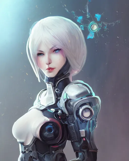 Prompt: holy cyborg necromancer girl, elegant, perfect face, scifi, futuristic, utopia, garden, illustration, atmosphere, warframe, blue eyes, white hair, focused, artstation, nier automata, highly detailed, art by yuhong ding and chengwei pan and serafleur and ina wong