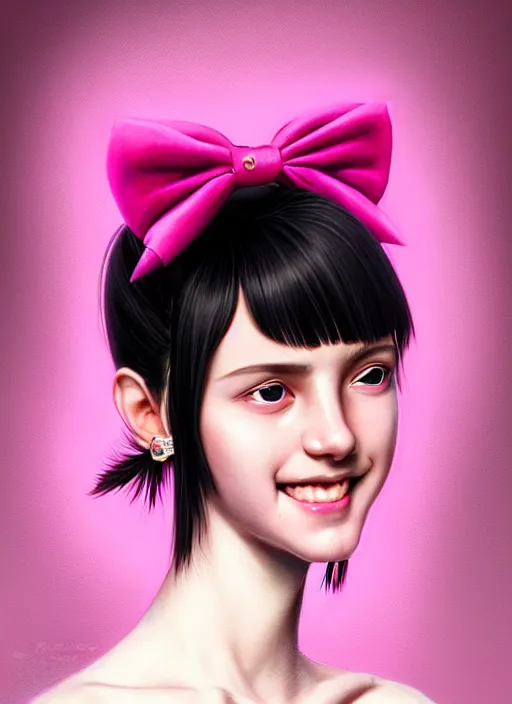 Image similar to portrait of high school girl, realistic, black hair, bangs, half updo hairstyle, pointy nose, skinny, smile, ugly, defined jawline, big chin, pink hair bow, earrings, intricate, elegant, glowing lights, highly detailed, digital painting, artstation, sharp focus, illustration, art by wlop, mars ravelo and greg rutkowski