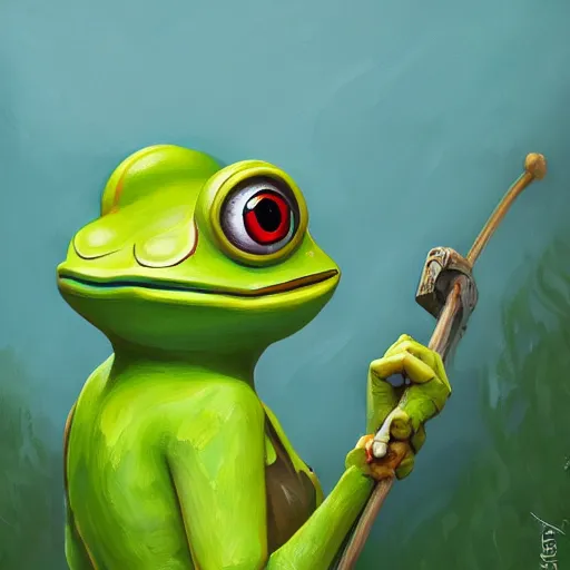 Image similar to Pepe the frog warrior character in Vasya Lozhkin artist style, HD , 4K, oil on canvas, sharp focus, cinematic composition, dramatic pose, hyper detailed