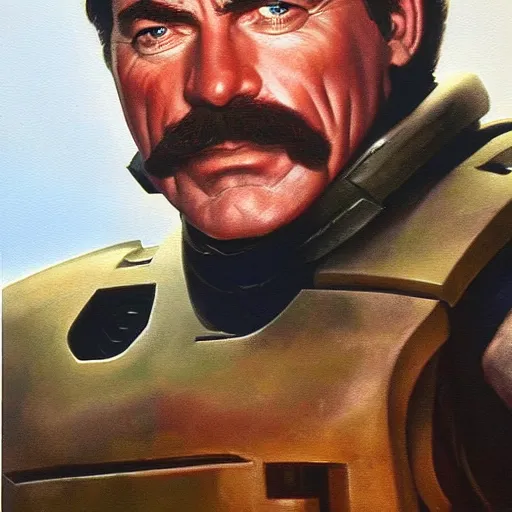 Prompt: ultra realistic portrait painting of tom selleck as master chief, art by frank frazetta, 4 k, ultra realistic, highly detailed, epic lighting
