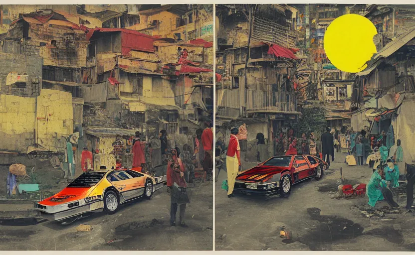 Image similar to a red delorean and a yellow tiger in ajegunle slum of lagos - nigeria, painting by hsiao - ron cheng, utagawa kunisada & salvador dali, magazine collage style,