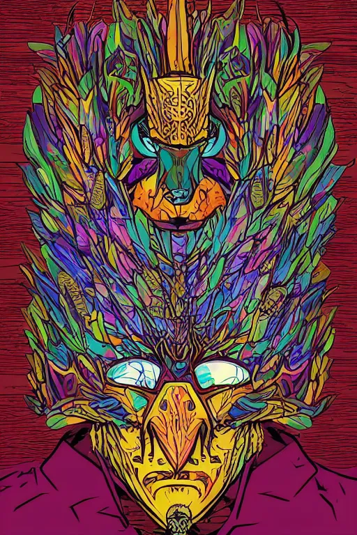 Image similar to animal mask totem roots flower tribal feather gemstone plant wood rock shaman vodoo video game vector cutout illustration vivid multicolor borderlands comics by josan gonzales and dan mumford radiating a glowing aura