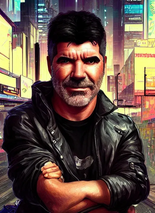 Image similar to portrait of Simon Cowell as a homeless character in Cyberpunk 2077, looking at camera, intricate, dystopian, sci-fi, extremely detailed, digital painting, artstation, concept art, smooth, sharp focus, illustration, intimidating lighting, incredible art by artgerm and greg rutkowski and alphonse mucha and simon stalenhag