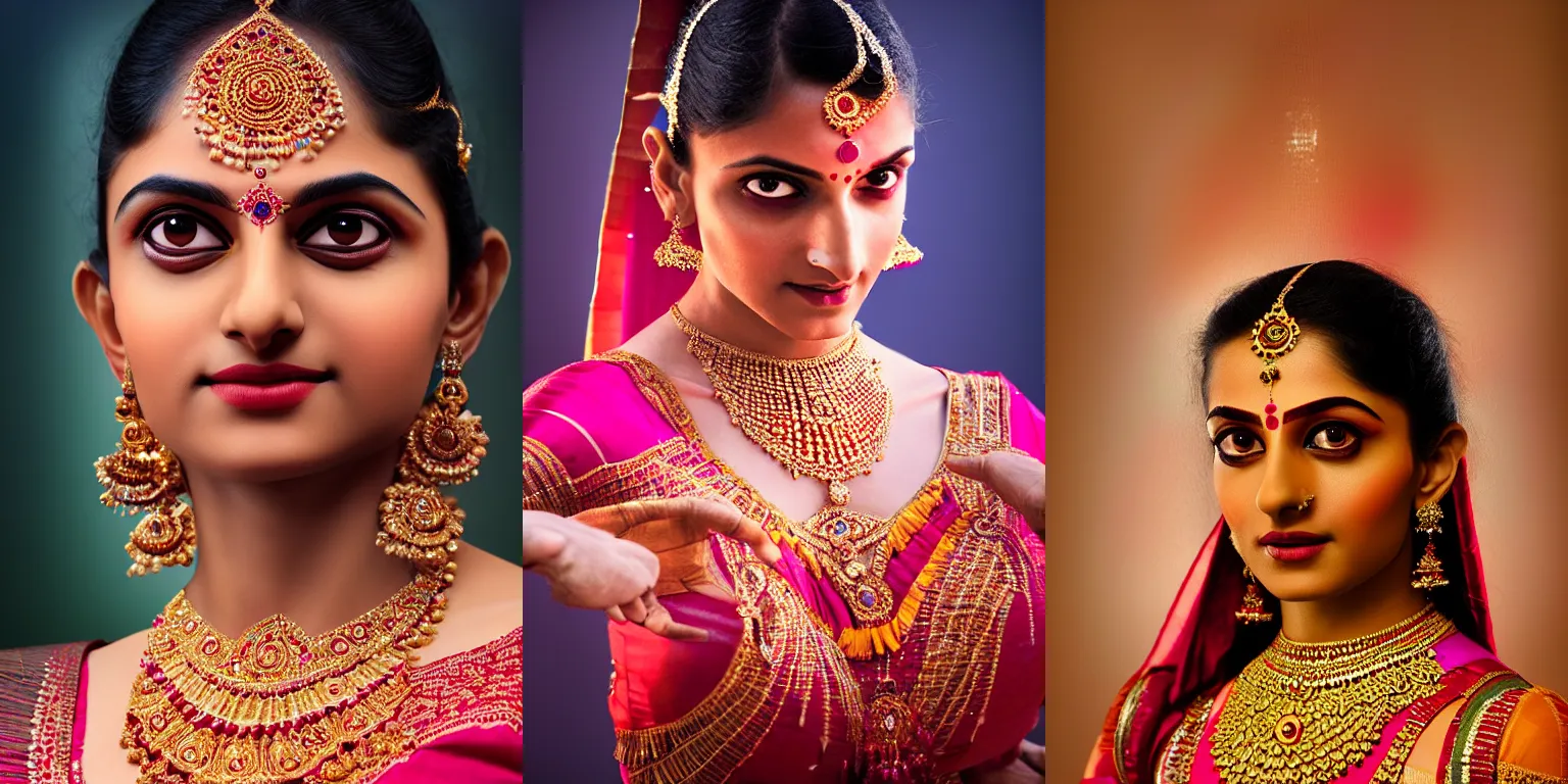 Prompt: a stunning indian classical dancer portrait photo, retouched, soft lighting, realistic, catchlight on the eyes!, smooth face, perfection!, sharp focus, 8 k, bionic techno implants, ultra detailed, elegant art by simon stalenhag and vladislav ociacia, 8 5 mm lens