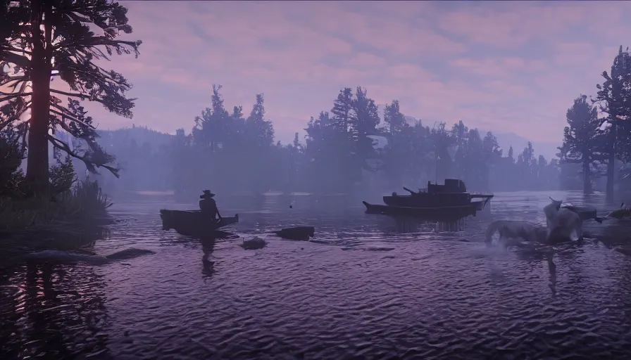 Image similar to red dead redemption 2 screencap, loch ness monster in flat iron lake, ultra graphics, 4 k image, dusty, light beams,, at night, moonbeams