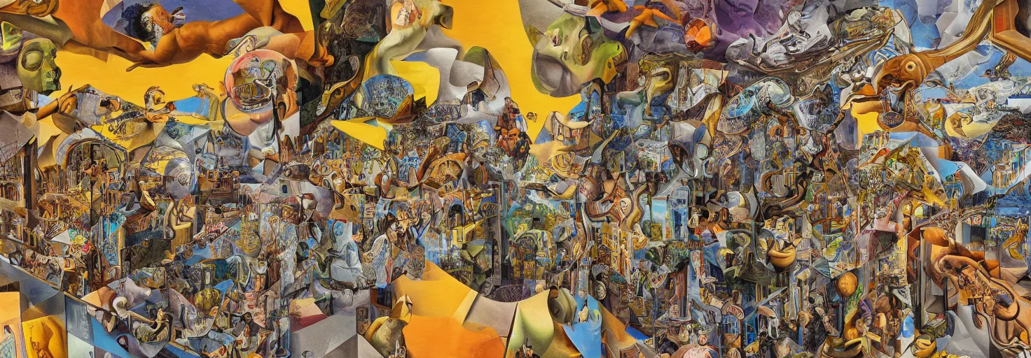 Image similar to Mural of raising AI art by Chor Boogie and Salvador Dali and M. C. Escher collaboration, digital art, mix of aesthetics, close up, high details