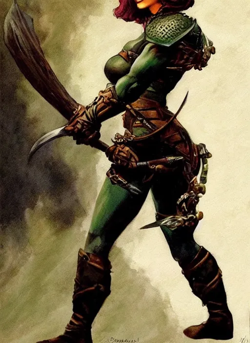 Image similar to portrait of strong female ranger, beautiful! coherent! dungeons and dragons character, by frank frazetta, by brom, strong line, deep color, leather armor, short buzzed hair, high contrast