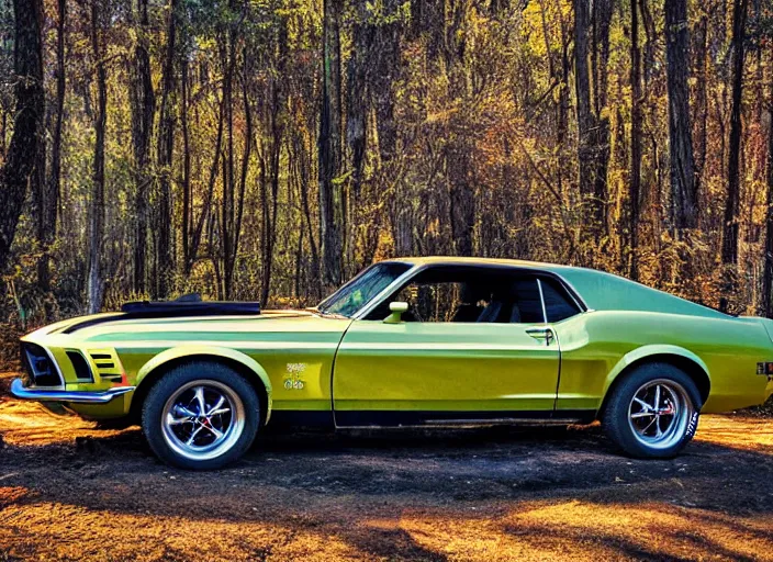 Prompt: burned shell of a 1 9 7 0 mustang in a beautiful enchanted forest full of vibrant life, ray tracing, sunshine, award winning photo