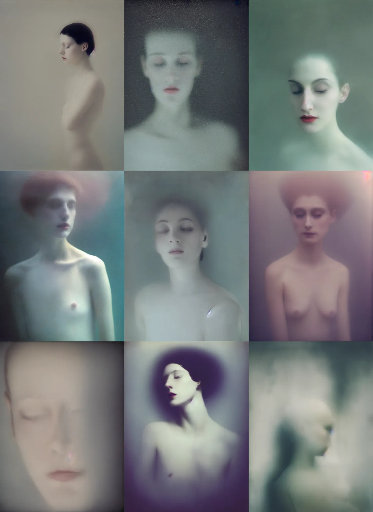 Prompt: underwater out of focus photorealistic portrait of a beautiful aesthetic pale woman by sarah moon, very blurry, translucent white skin, closed eyes, foggy