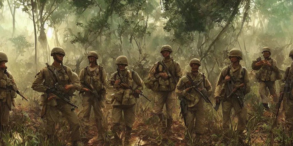 Prompt: a platoon of american soldiers on night patrol in the vietnamese jungle illuminated by napalm strike, beautiful, cinematic, art by artgerm and greg rutkowski and alphonse mucha and loish and wlop