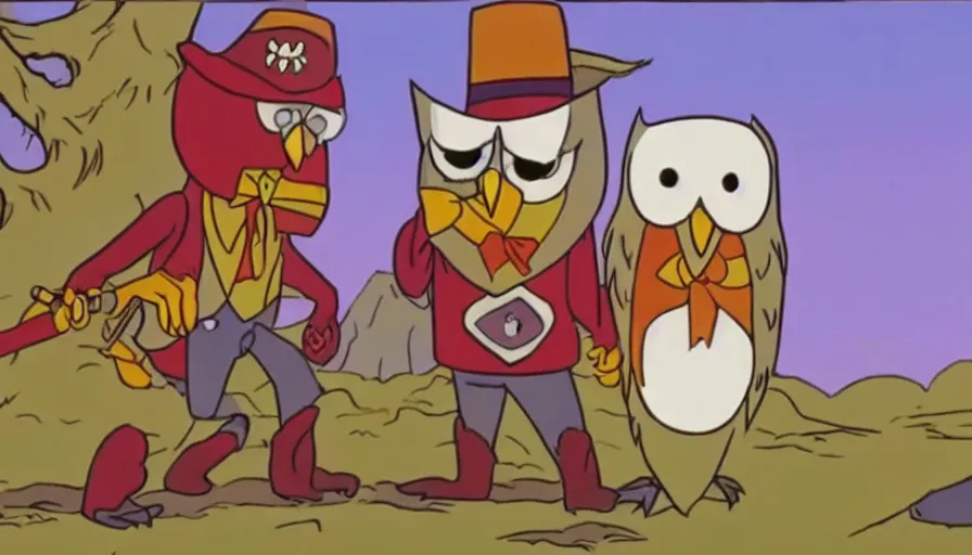 Image similar to 1990s cartoon show screenshot from the animated show an Owl dressed up as the lone ranger in the wild west