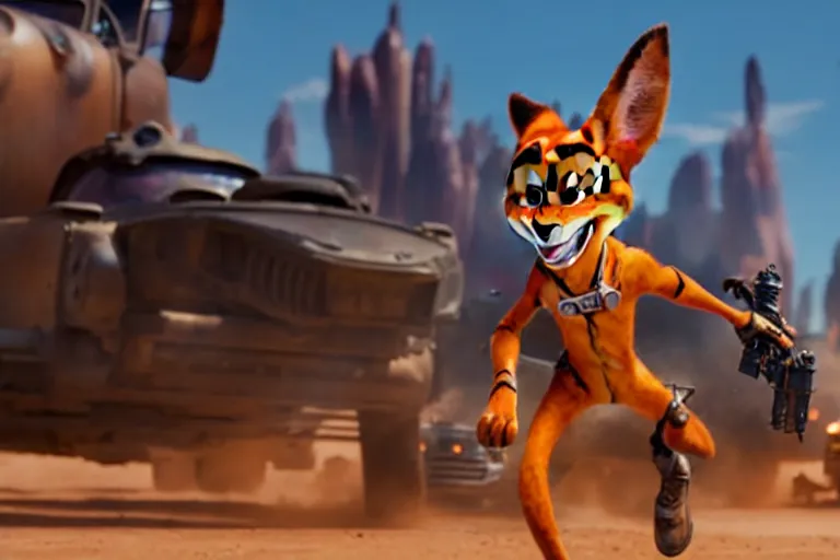 Image similar to nick wilde ( from zootopia ), heavily armed and armored facing down armageddon in a dark and gritty reboot from the makers of mad max : fury road