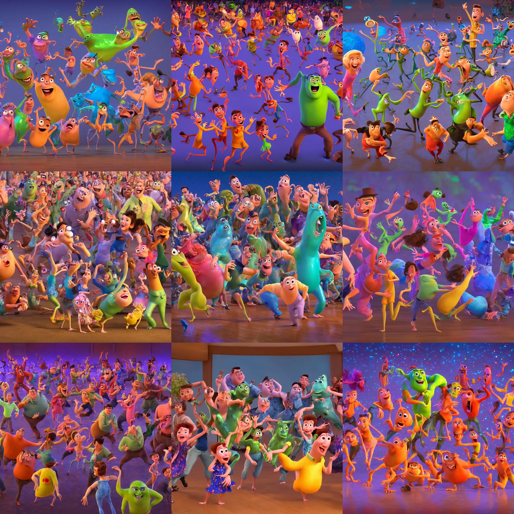 Prompt: full body shot of a bunch of people dancing together expressively, pixar illumination movie by john lasseter, cinematic wide angle, fluid liquid shiny slimy fast motion