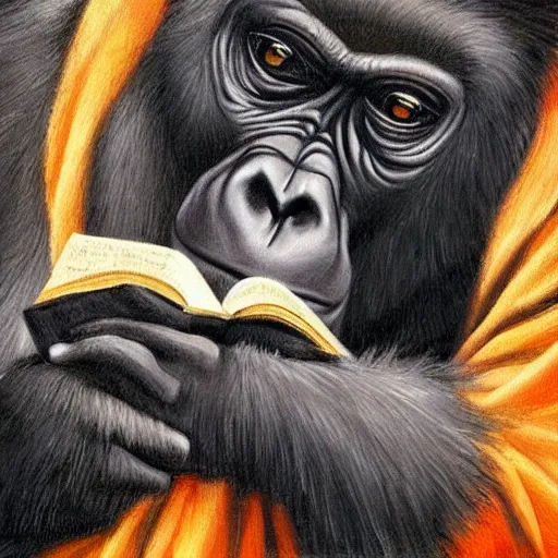 Prompt: realistic painting of a gorilla reading a book, highly detailed, orange and black color scheme, renaissance era
