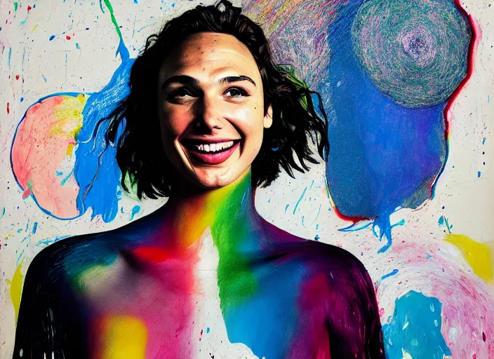 Image similar to portrait of gal gadot laughing, by vincent lefevre and hernan bas and pat steir and hilma af klint, psychological, photorealistic, dripping paint, washy brush, rendered in octane, altermodern, masterpiece