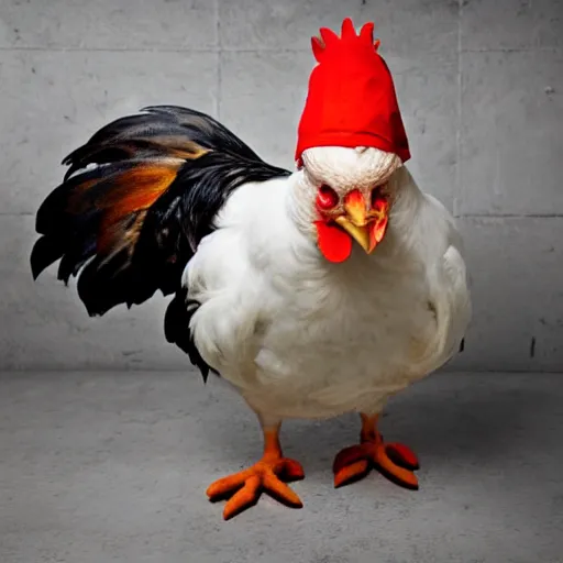 Image similar to chicken dressed as an inmate, real photography, police statiom