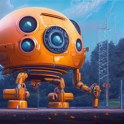 Image similar to an intricate oil painting of a giant anime robot with rounded and circular parts by simon stalenhag