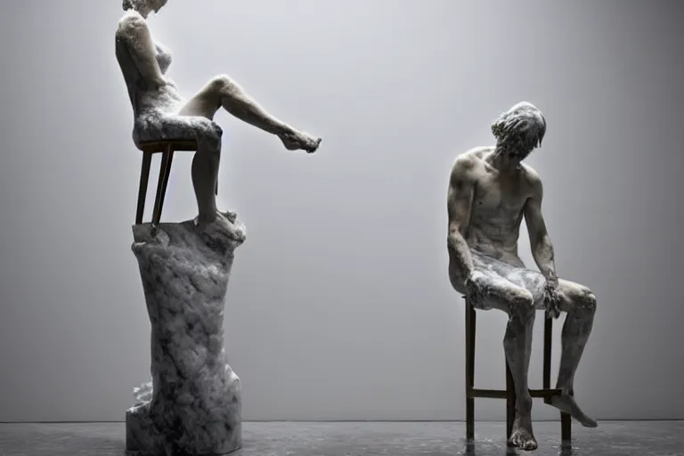 Image similar to a sculpture of a person sitting on a top of the chair, a white marble sculpture covered with floating water by nicola samori, behance, neo - expressionism, marble sculpture, apocalypse art, made of mist