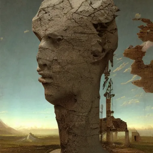 Image similar to hyperrealistic surrealism, David Friedrich, award winning masterpiece with incredible details, Zhang Kechun, a surreal vaporwave vaporwave vaporwave vaporwave vaporwave painting by Thomas Cole of a gigantic broken mannequin head sculpture in ruins, astronaut lost in liminal space, highly detailed, trending on ArtStation