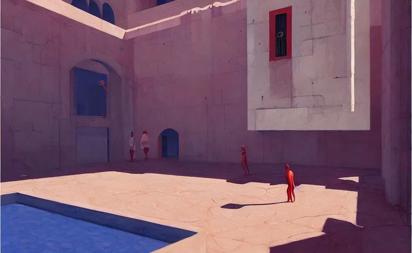 Image similar to Inside a greek dungeon with a big pool, very coherent, painted by Edward Hopper, Wayne Barlowe, painted by James Gilleard, airbrush, art by JamesJean