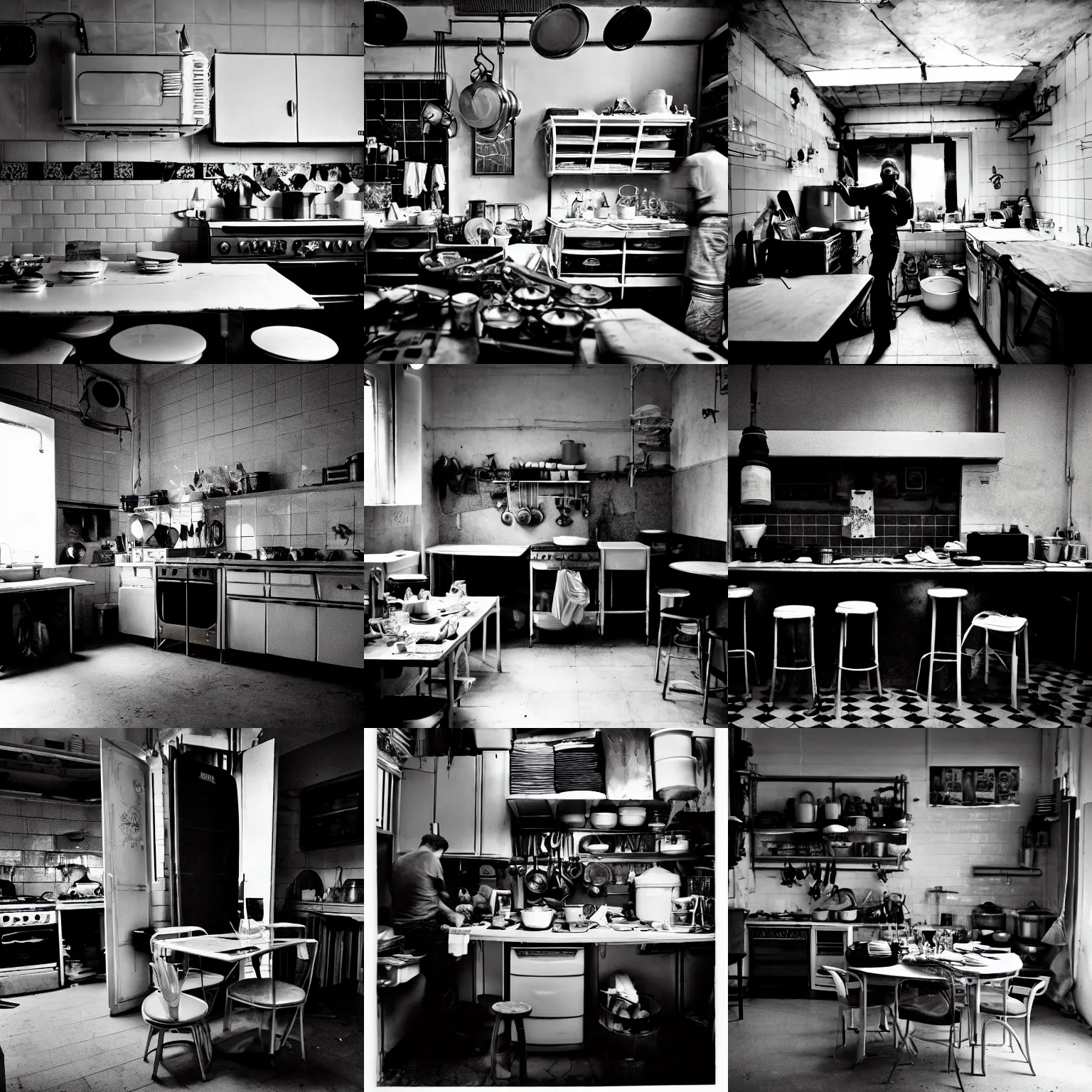 Prompt: huge ducati panigrale, standing in cluttered cozy kitchen, darkroom, candles, chairs and tables, white tile on the floor, overexposed, by paolo pellegrin, by trent parke, prize winning photo, cinematic
