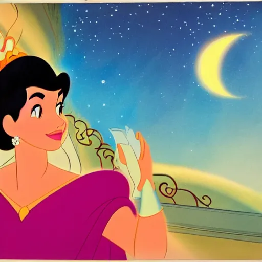 Image similar to disney film cel ( 1 9 5 9 ), hispanic princess looking up dreamily at the stars, glen keane, colorful