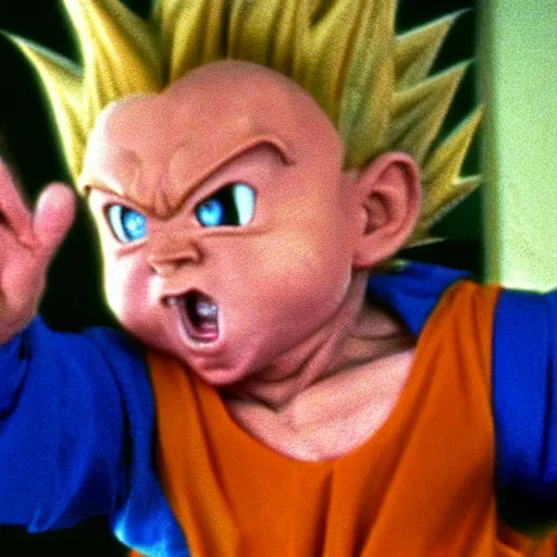 Prompt: vhs still image of warwick davis in dragonball z going super sayan