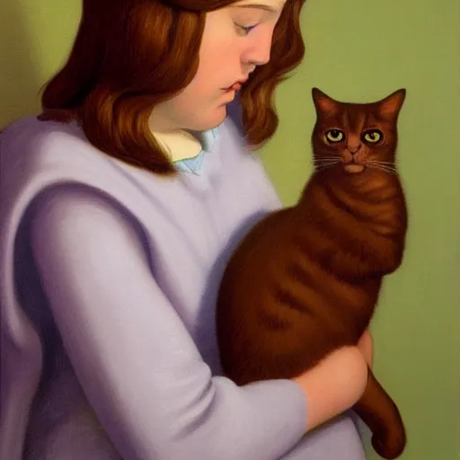 Image similar to a girl and her cat by Raphael, Hopper, and Rene Magritte. detailed, romantic, enchanting, trending on artstation.