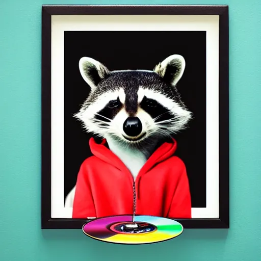 Image similar to medium - shot, low - angle, photo of a anthropomorphic raccoon wearing a bright hoodie, holding a vinyl record, 8 0 - s fashion, colored, polaroid photo, by warhol,