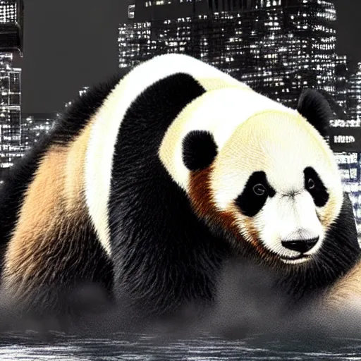 Prompt: giant panda destroying tokyo in the style of the movie godzilla, cinematic lighting framing and shadows