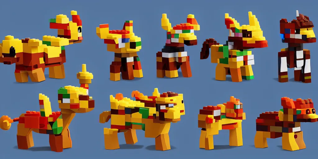 Prompt: small animals made of two or three bricks, four legged, quadrupedal, cute looking, kawaii, sharp focus, character sheet, game concept art, blocky, lego mixels