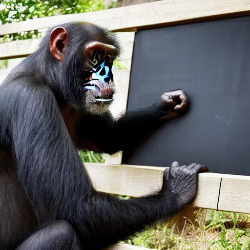 Image similar to a chimpanzee scientist teaching evolution blackboard