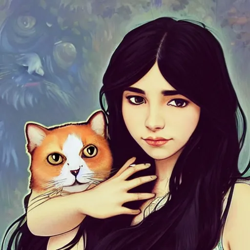 Image similar to cute emo mexican girl and her cat, with long dark hair, thick eyebrows!!! deep dark big shiny eyes and dark circles!, wide nose!!!, oval face shape, big cheeks! by juan villafuerte, greg rutkowski and alphonse mucha, pexels contest winner, high quality photo, rtx, hd