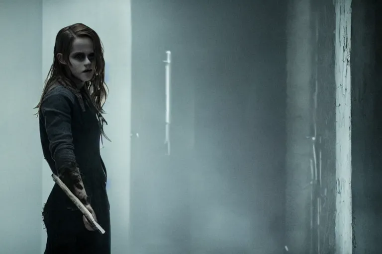 Prompt: Emma Watson as a killer in a psychological horror movie, cinematic lighting, blood droplets, holding an axe, creepy