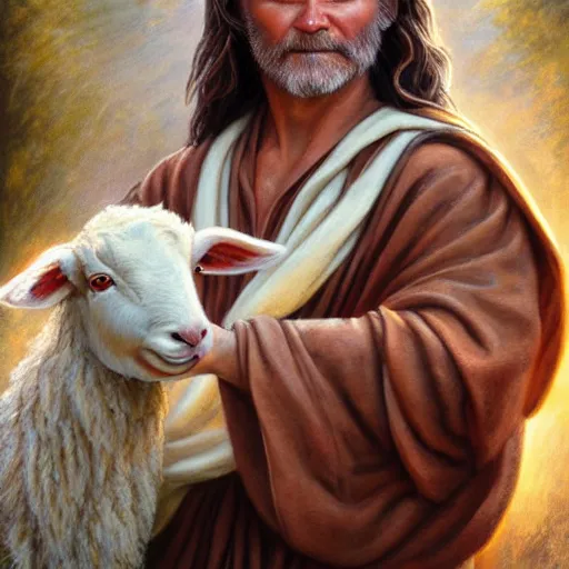 Image similar to a detailed fantasy character painting of Kurt Russell holding a lamb, dressed like Jesus Christ, by lauri blank, artgerm, evelyn de morgan, 8K, 50mm lens