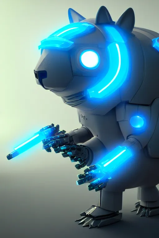 Image similar to high quality 3 d render sci - fi very cute mecha & fluffy! wombat!! hybrid! fighting, highly detailed, unreal engine cinematic smooth, in the style of blade runner & detective pikachu, hannah yata charlie immer, dark blue neon light, low angle, uhd 8 k, sharp focus